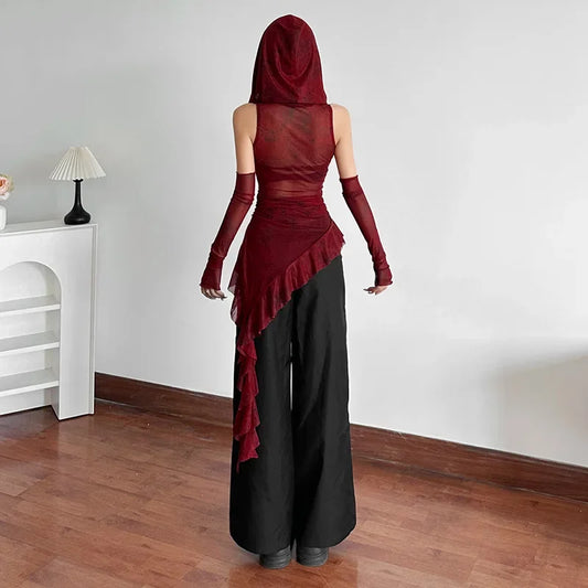 Sheer Mesh Grunge Irregular Hem Hoodie