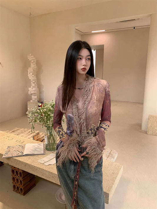 Ethnic Mesh Designer Fur Collar Coat