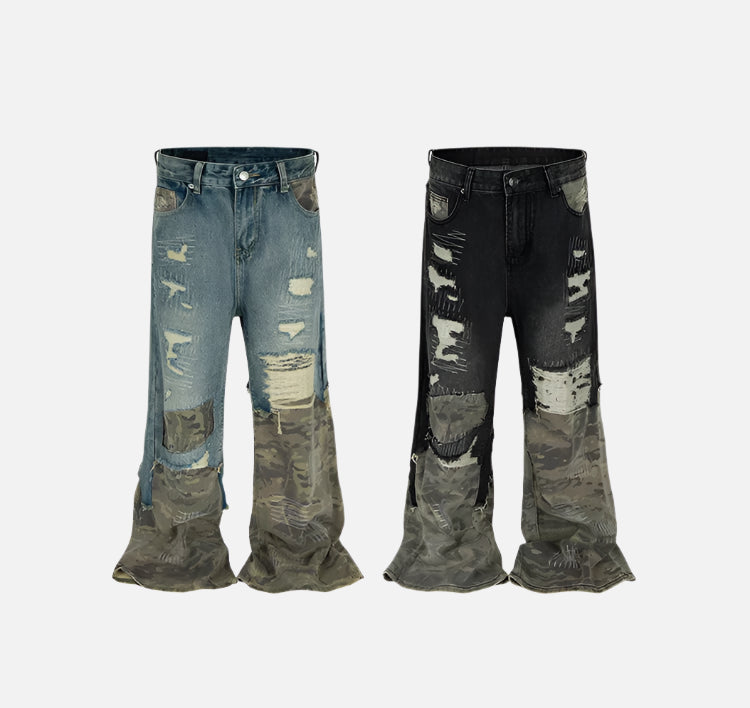 Camouflage Patchwork Washed Hole Design Jeans