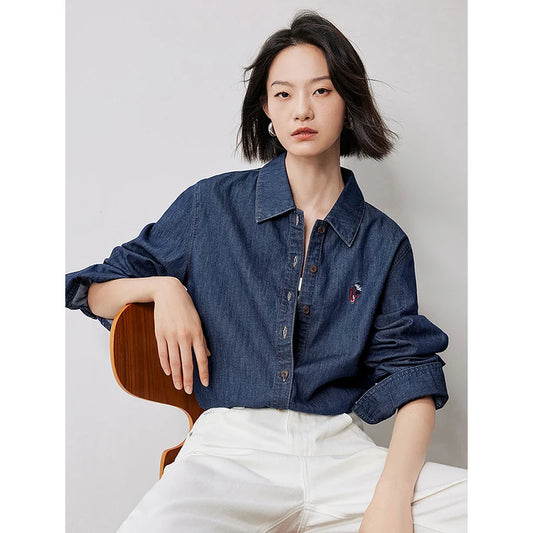 Embroidered Polo Collar Denim Jacket Shirt