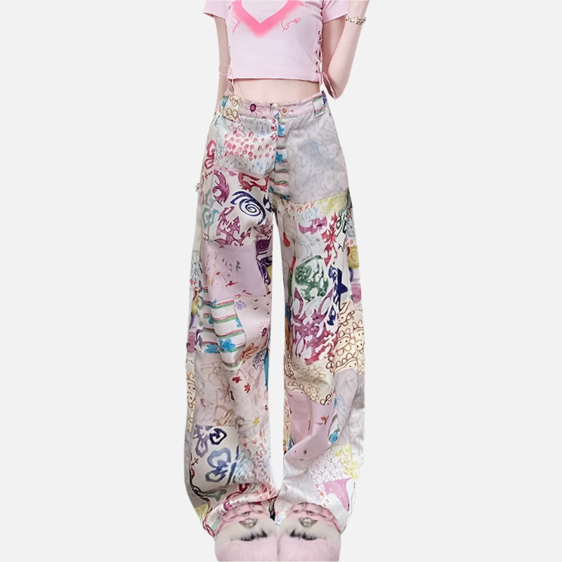 Vintage Graffiti Print Baggy High Pants