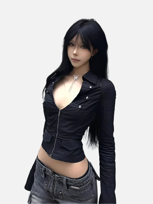 Sexy Double Zipper Grunge Cropped Shirt