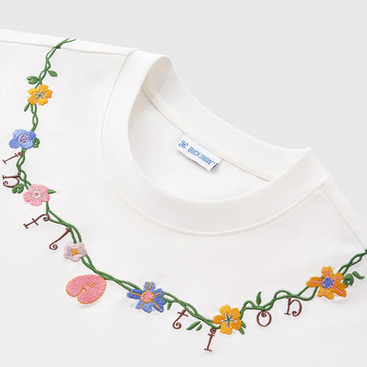 Oversized Floral Chain Embroidered Loose T-Shirt