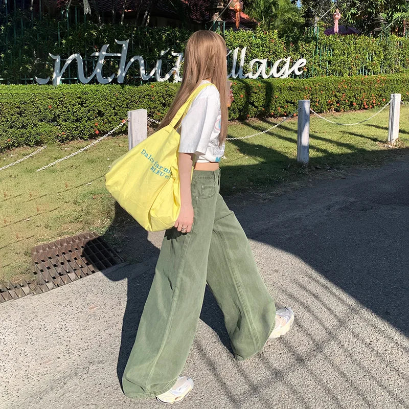 High Waist Loose Fit Green Jeans