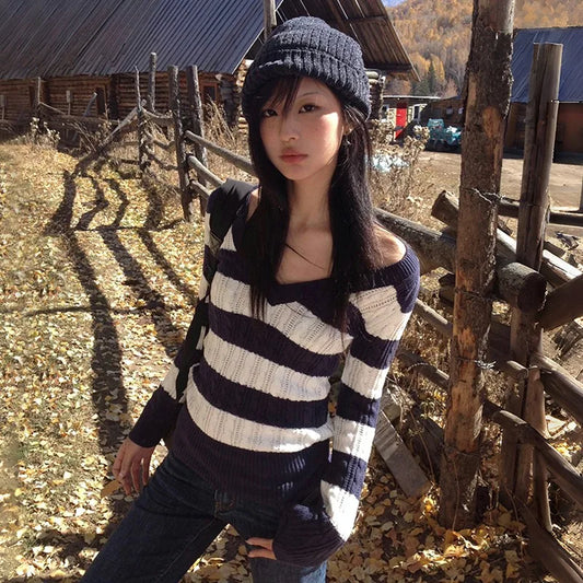Vintage Japanese Striped V-Neck Sweater