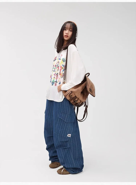Deep Blue Vertical Stripe Denim Pants