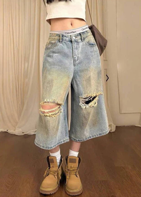 Vintage Oversize Ripped Calf-Length Denim Jorts
