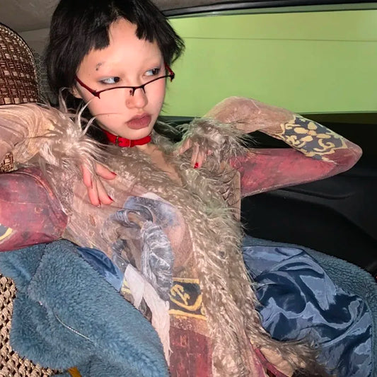 Vintage Grunge Aesthetics Tassel Mesh Shirt