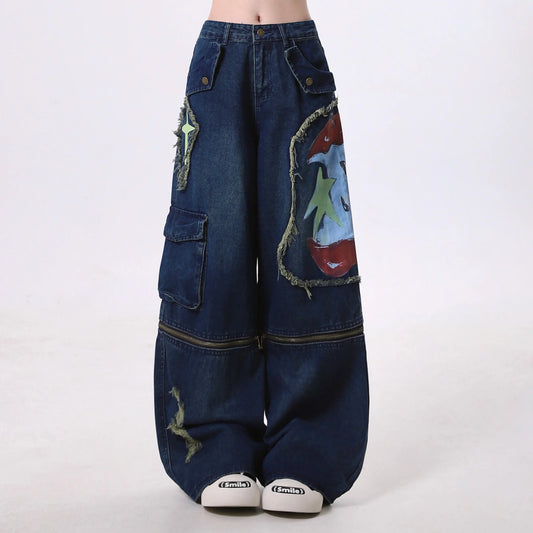 Graffiti Print Oversized Cargo Jeans