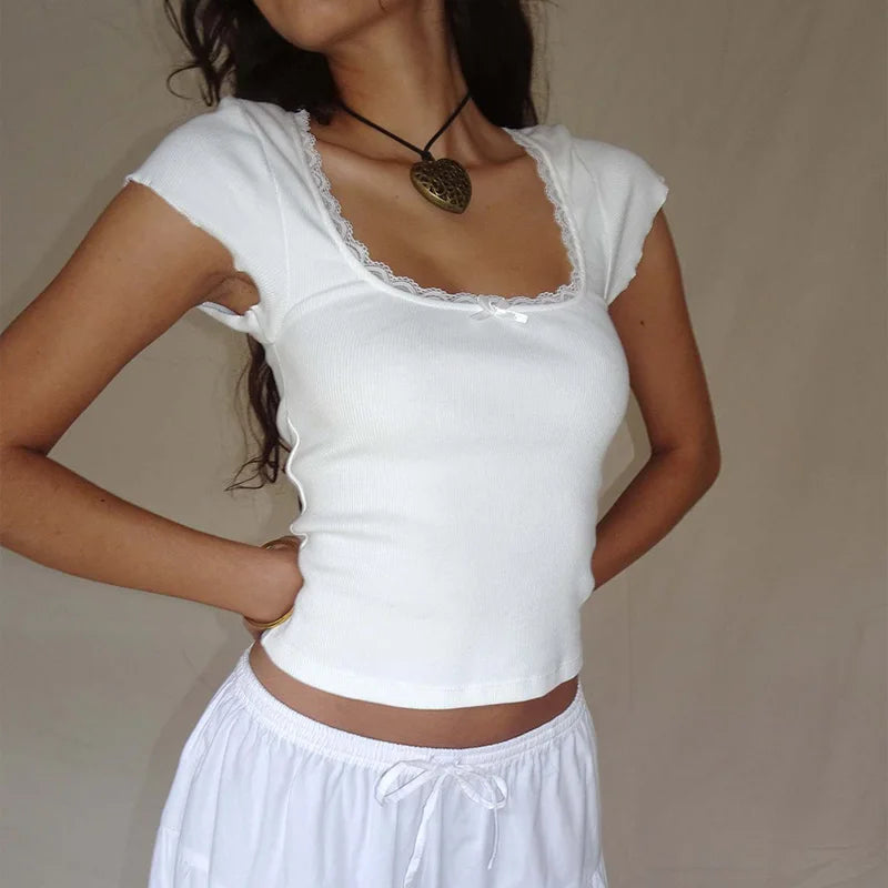 Vintage Lace Trim Knitted Square T-Shirt