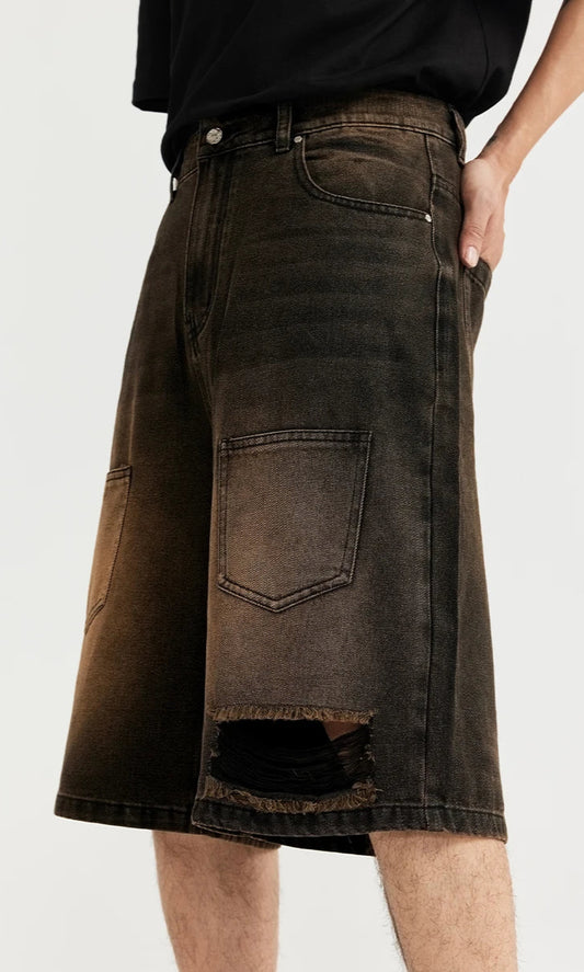 Vintage Ripped Distressed Cargo Denim Shorts