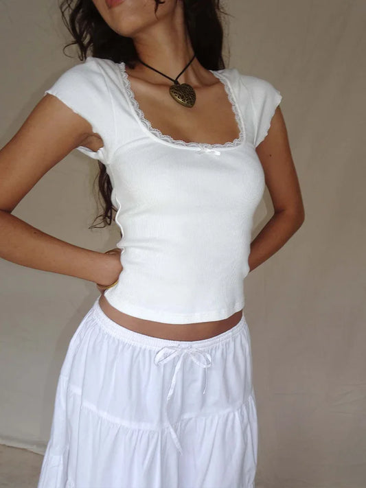 Vintage Lace Trim Knitted Square T-Shirt