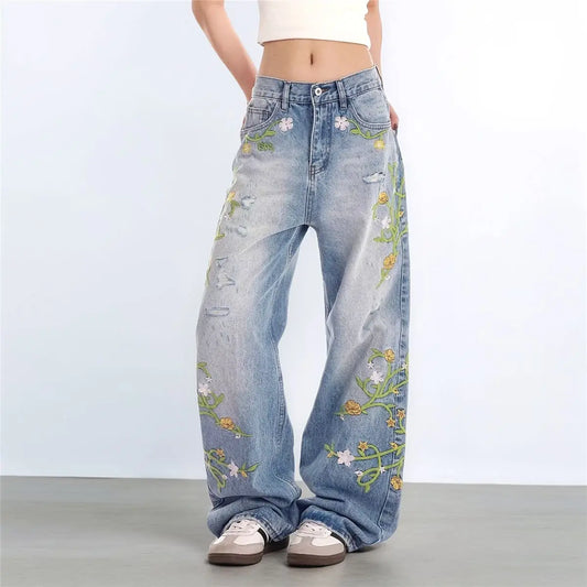 Blue Vintage Floral Embroidered High Jeans