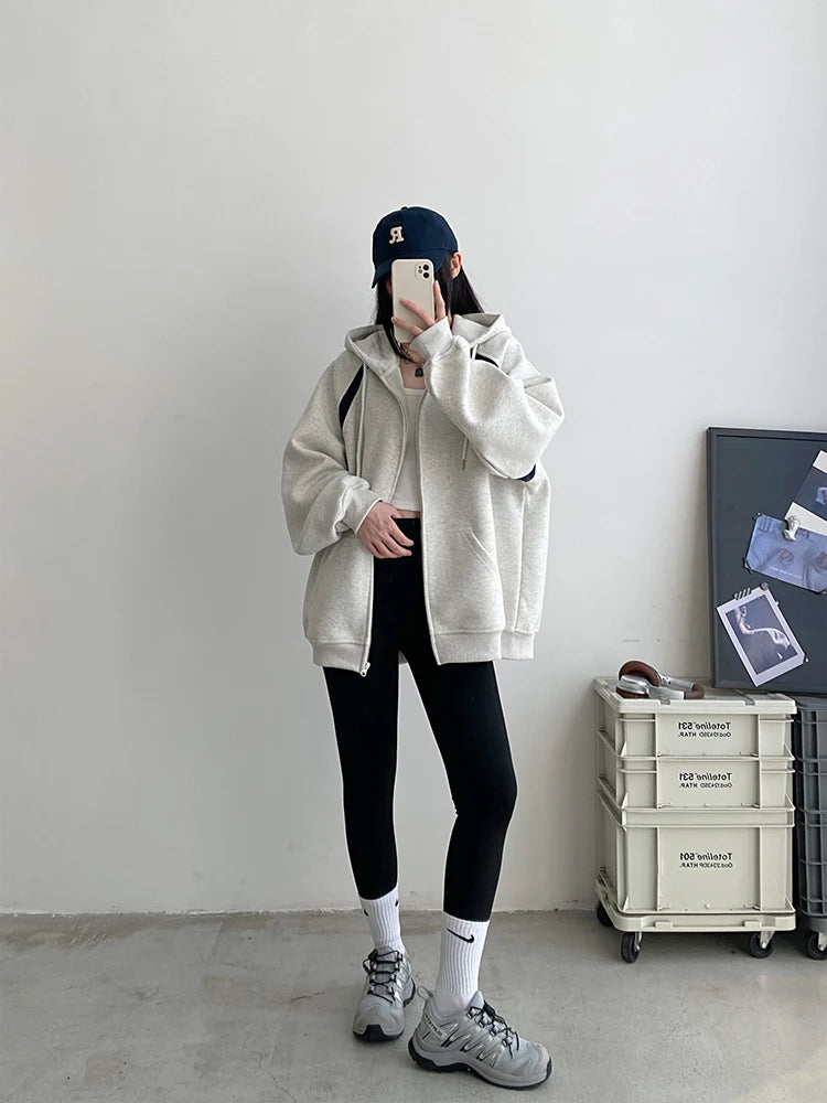 Cozy Oversized Drawstring Hooded Zip-Up Sweatshirt