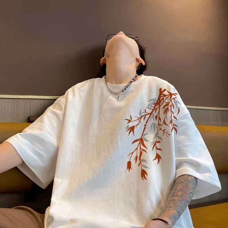 Oversized Bamboo Print White T-Shirt