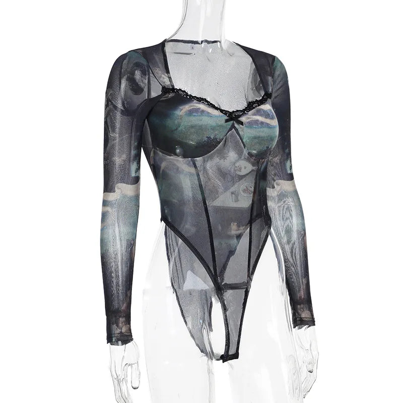 Dark Retro Mesh Long Sleeve Bodysuit