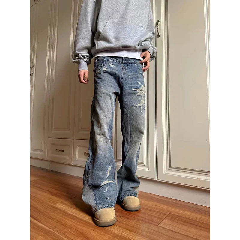 Ripped Denim Wide Leg Pants Jeans