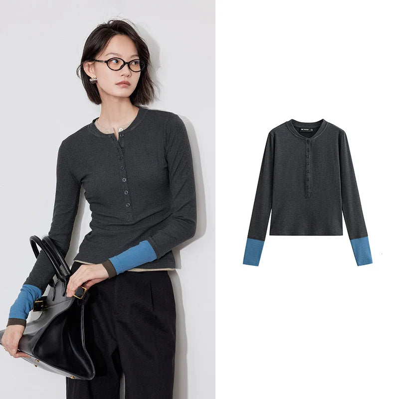 Color Block Long Sleeve Women T-Shirt