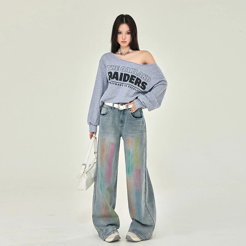 Rainbow Graffiti Printed Denim Wide Jeans