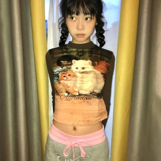 Japanese Y2K Cat Print Crop T-Shirt