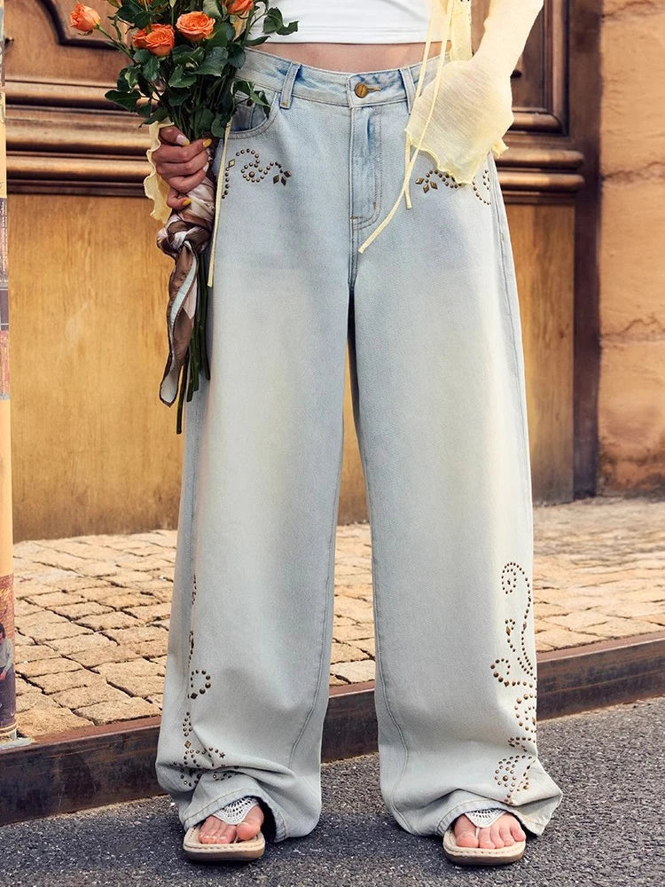 Retro Embroidery Baggy Pattern Hip Jeans
