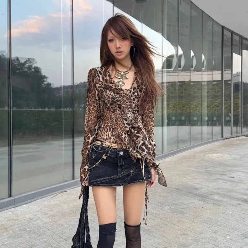 Leopard Print Ruffled V-Neck Blouse T-Shirt