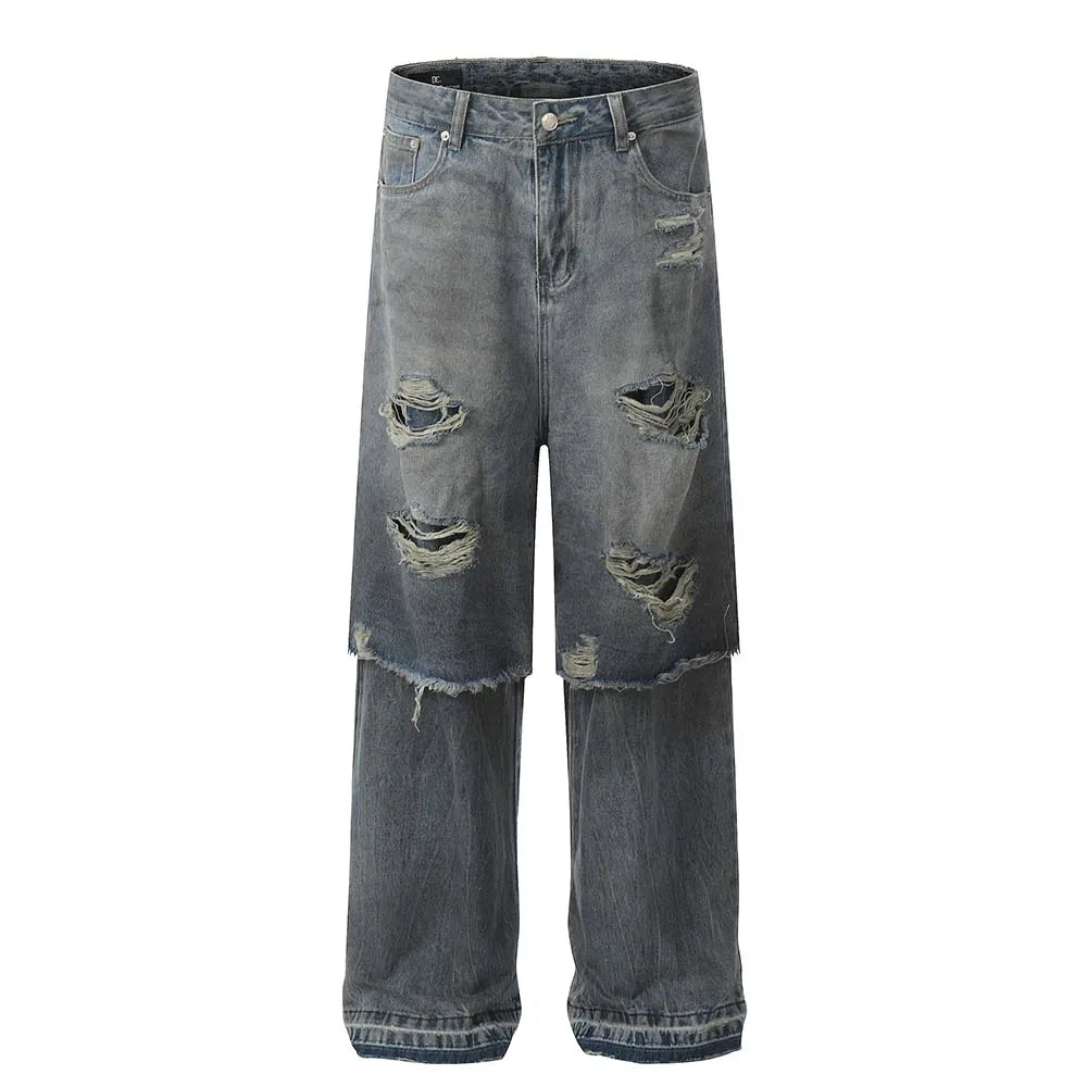 Stacked Fake Two Pairs Ripped Jeans