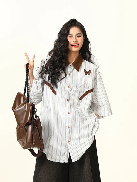 Chic Striped Short-Sleeved Korean Blouse Shirt