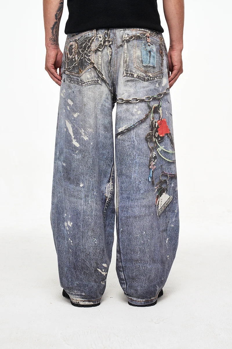 Luxury Loose Washed Digital Graffiti Jeans