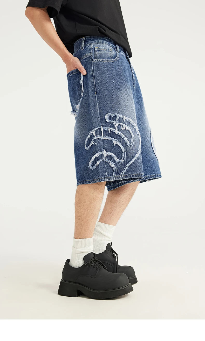 Vintage Patchwork Distressed Denim Cropped Shorts