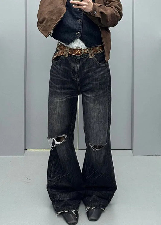 Black Retro Hole Punched High Jeans