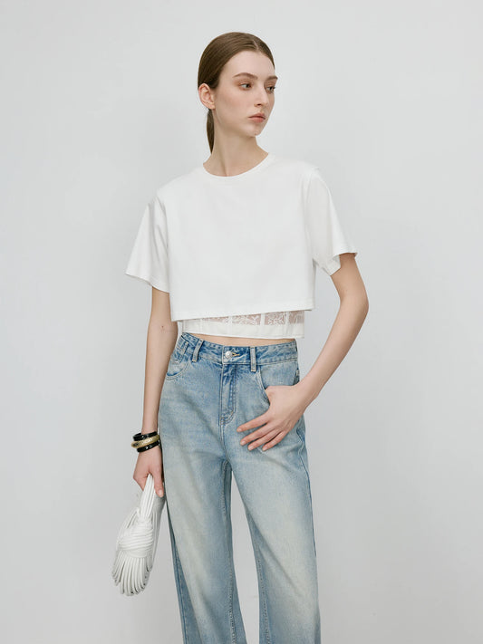 Lace Spliced Premium Waist Cropped T-Shirt