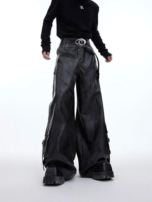 Vintage Distressed Black Leather Wide Pants