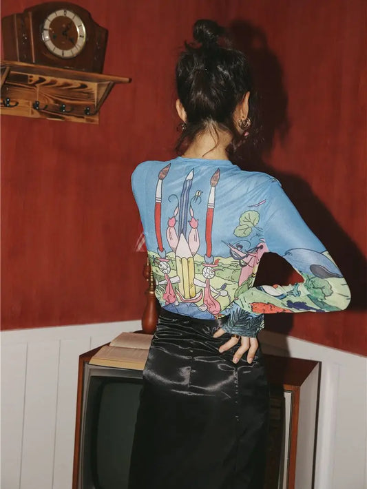 Sheer Mesh Long Sleeve Graphic T-Shirt