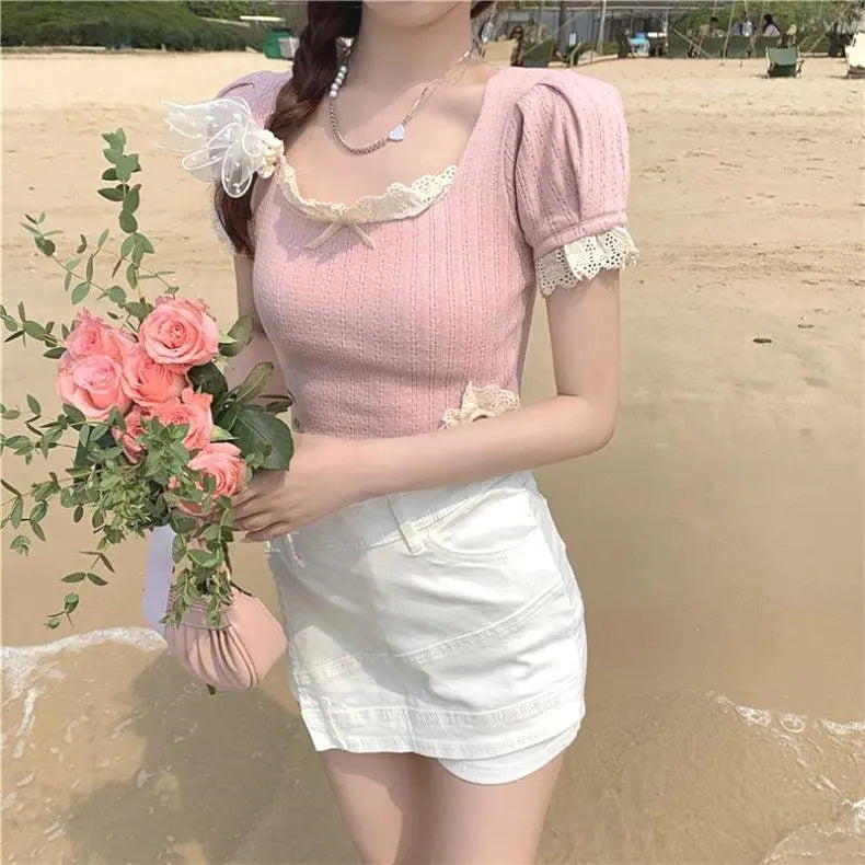 Spicy Girl Square Neck Lace Shirt