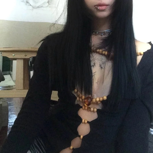 Vintage Beaded Hollow Out Long T-Shirt