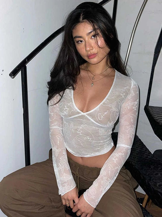 Elegant White Lace Slim Long T-Shirt