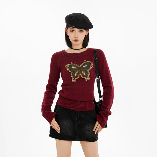 Vintage Butterfly Knitted Sweater O-Neck Pullover