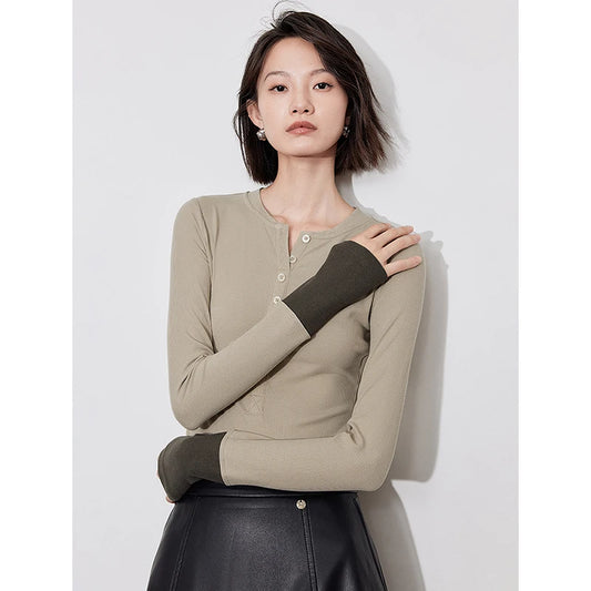 Color Block Long Sleeve Women T-Shirt