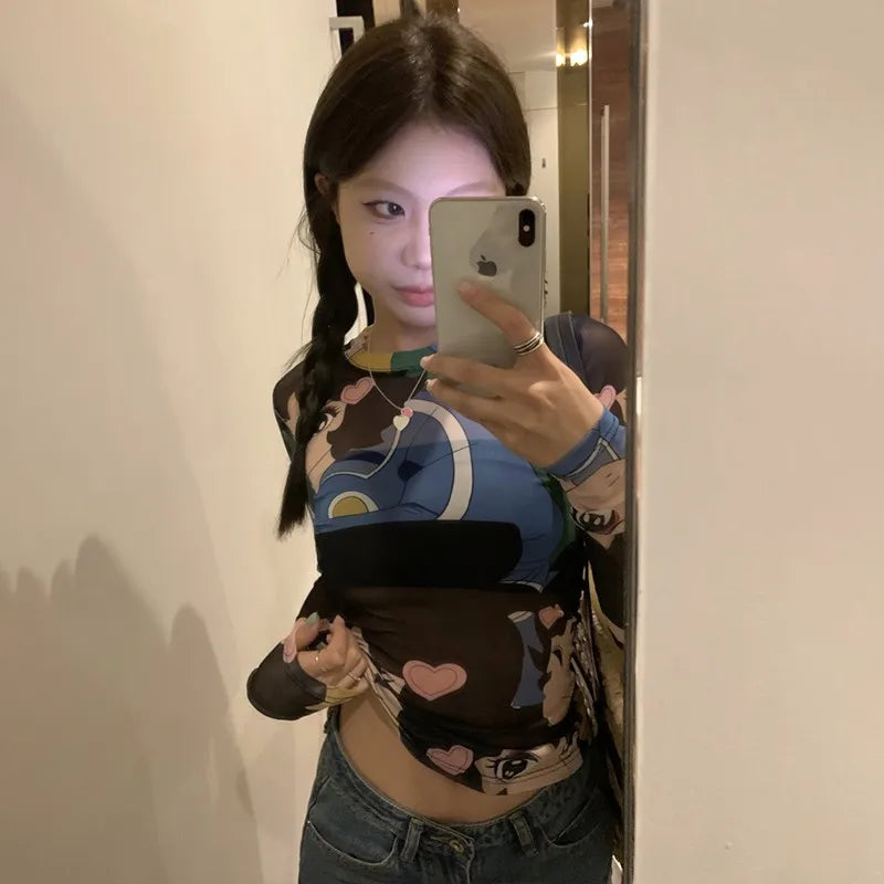 Sheer Mesh Japanese Anime Print T-Shirt