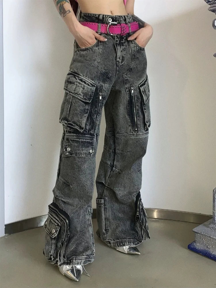 Vintage Grey Pleated Cargo Wide Jeans