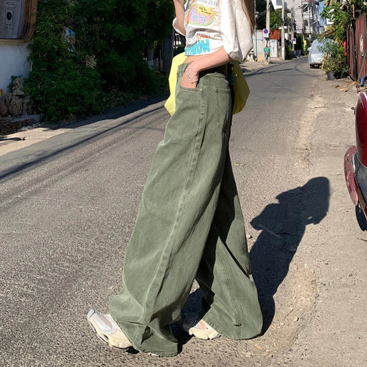 High Waist Loose Fit Green Jeans