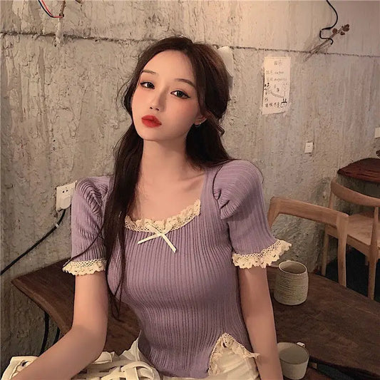 Spicy Girl Square Neck Lace Shirt