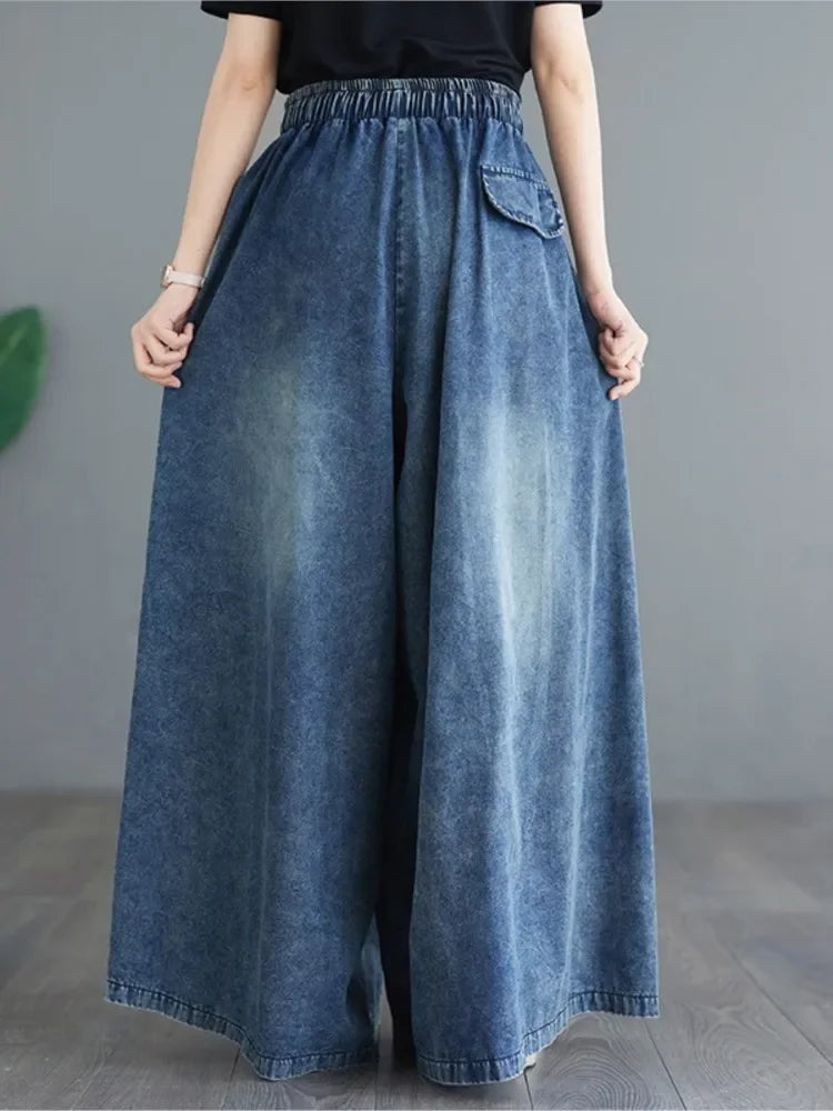 Elastic High Waist Wide Leg Jeans