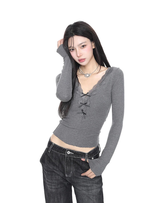 Lace Bow V Neck Slim T-Shirt