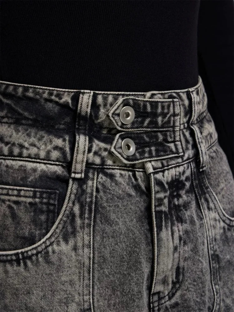 Vintage Grey Pleated Cargo Wide Jeans