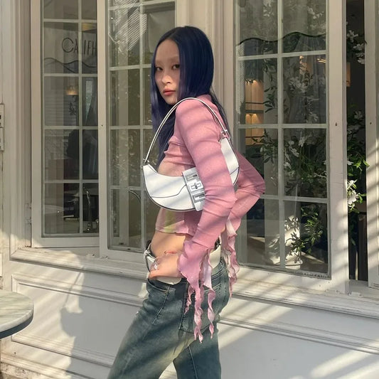 Vintage Aesthetic Pink Mesh Crop T-Shirt