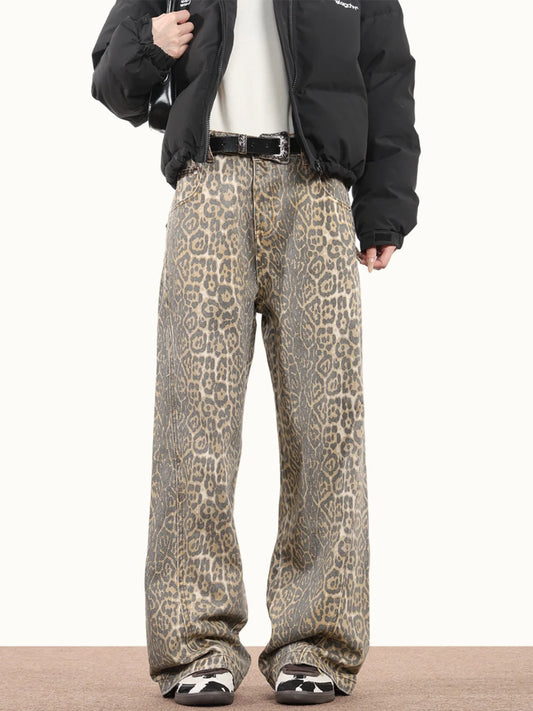 Leopard Wash High Waist Straight Jeans