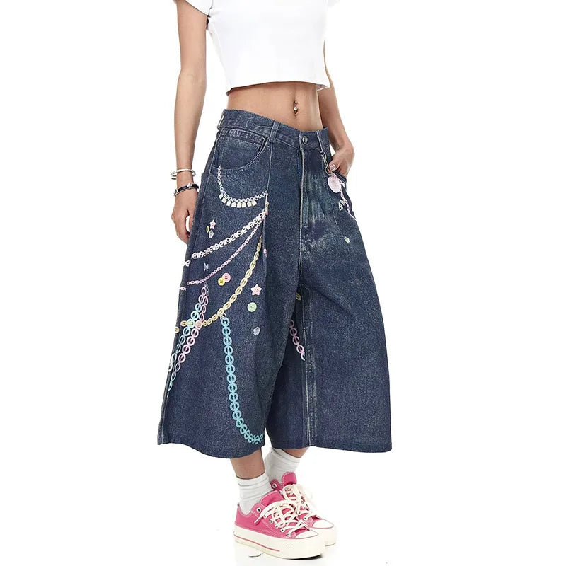 Colorful Chain Print Denim Shorts