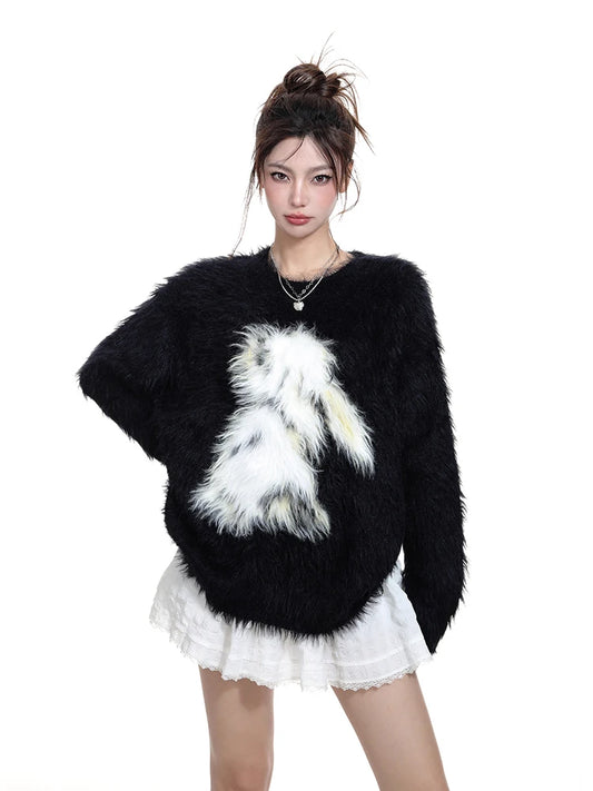 Cozy Knitted Rabbit Print Sweater Pullover